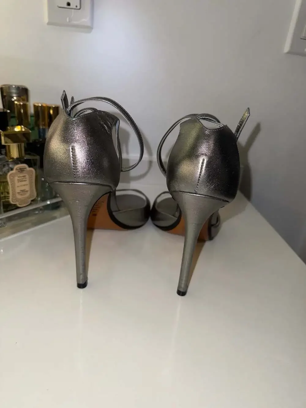 Schutz Metallic Silver Ankle Strap Stiletto Heels Size 9.5B